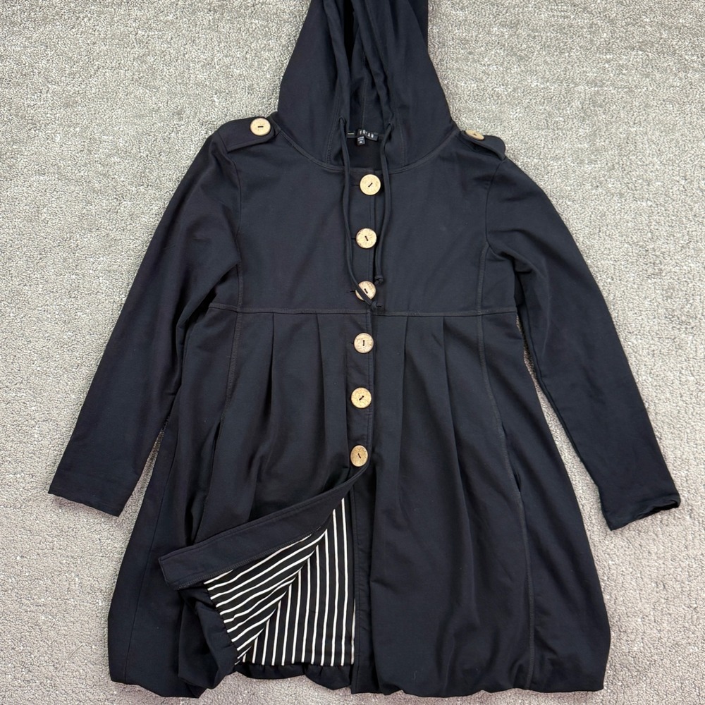 Kozan Womens M Black Hooded Long Jacket Tunic Lagenlook Art to Wear Striped